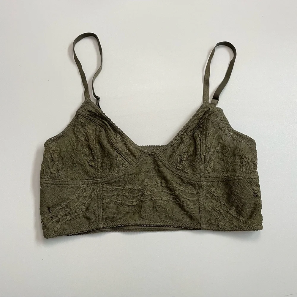 Free People Bralette Corset Crocheted Lace Asian Floral No Padding Olive Green